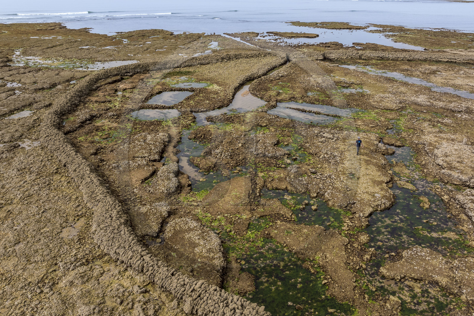 France, Charente-Maritime (17), Ile d'Oléron, Saint-Georges-d'Oléron, plage des Sables Vignier à marée basse, l'écluse à poissons des Basses (vue aérienne)