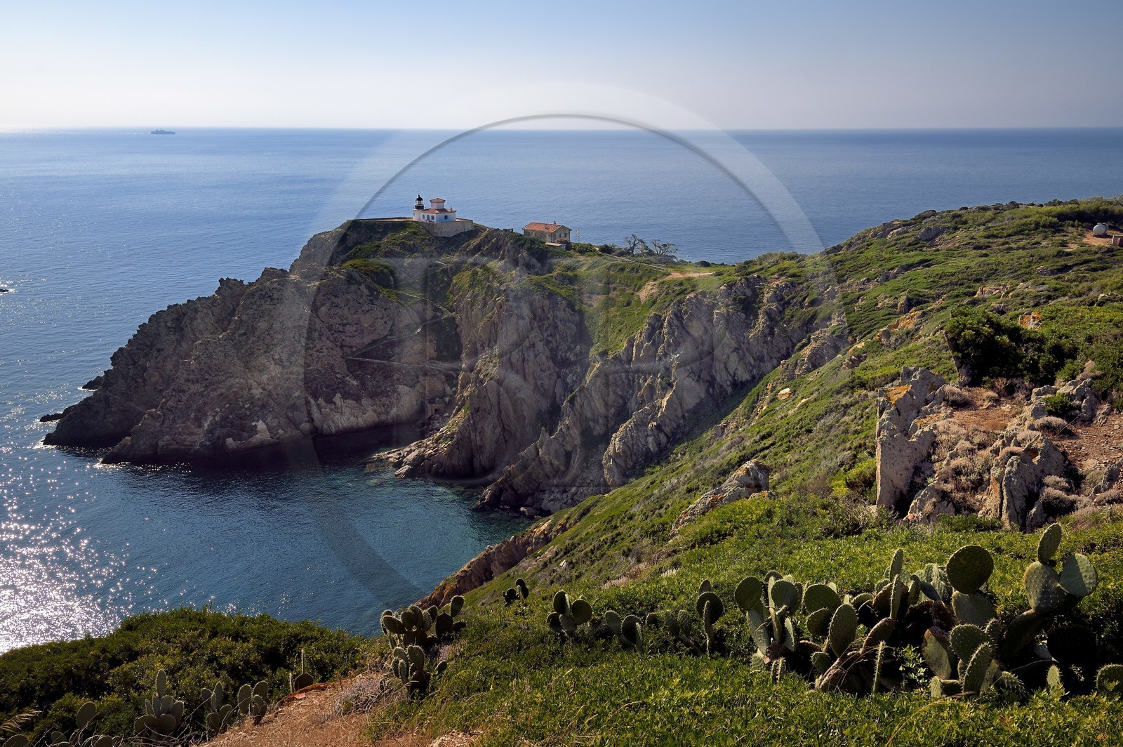 France, Var (83), Iles d'Hyères, Parc national de Port Cros, Ile du Levant, zone militaire, le phare du Titan et le port du Titan à ses pieds au Cap du Pauvre Louis
