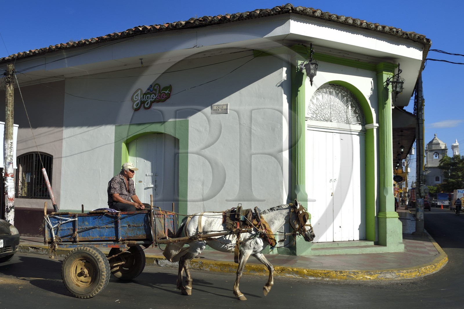 Nicaragua, Leon, charrette tirée par un cheval dans la rue Ruben Dario dans le centre historique, charette à cheval