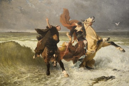 France, Finistère (29), Quimper, musée des Beaux Arts, La Fuite du Roi Gradlon (1884) du peintre Evariste-Vital Luminais illustrant la légende du roi Gradlon abandonnant sa fille au raz de marée sur les conseils de Saint-Corentin