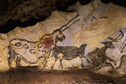 France, Dordogne, Perigord Noir, Vezere Valley, Montignac sur Vezere, Lascaux II caves, reconstitution of the prehistoric site and decorated cave listed as World Heritage by UNESCO, animal nicknamed the Unicorn
