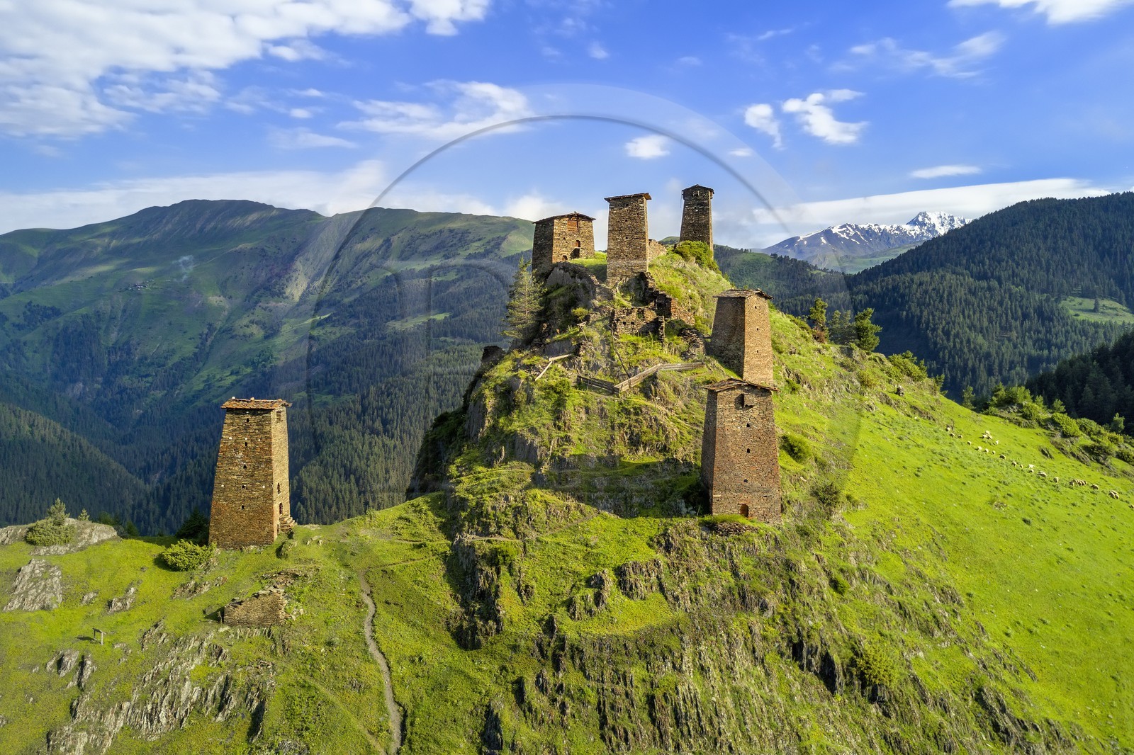 Georgia, Kakheti, Tusheti region, Omalo, the fortress of Keselo in Zemo (upper) Omalo served as a refuge for locals in wartime, medieval fortified towers (aerial view)