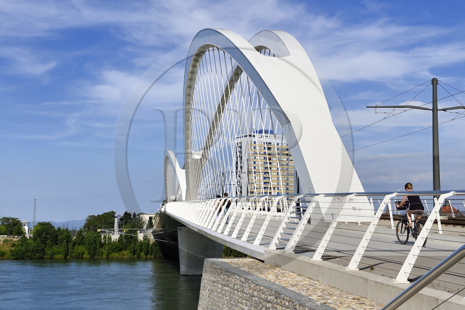 France, Bas Rhin, Strasbourg, the pedestrian, bicycle and tram line D bridge on the Rhine connecting Strasbourg to Kehl in Germany called Beatus Rhenanus bridge