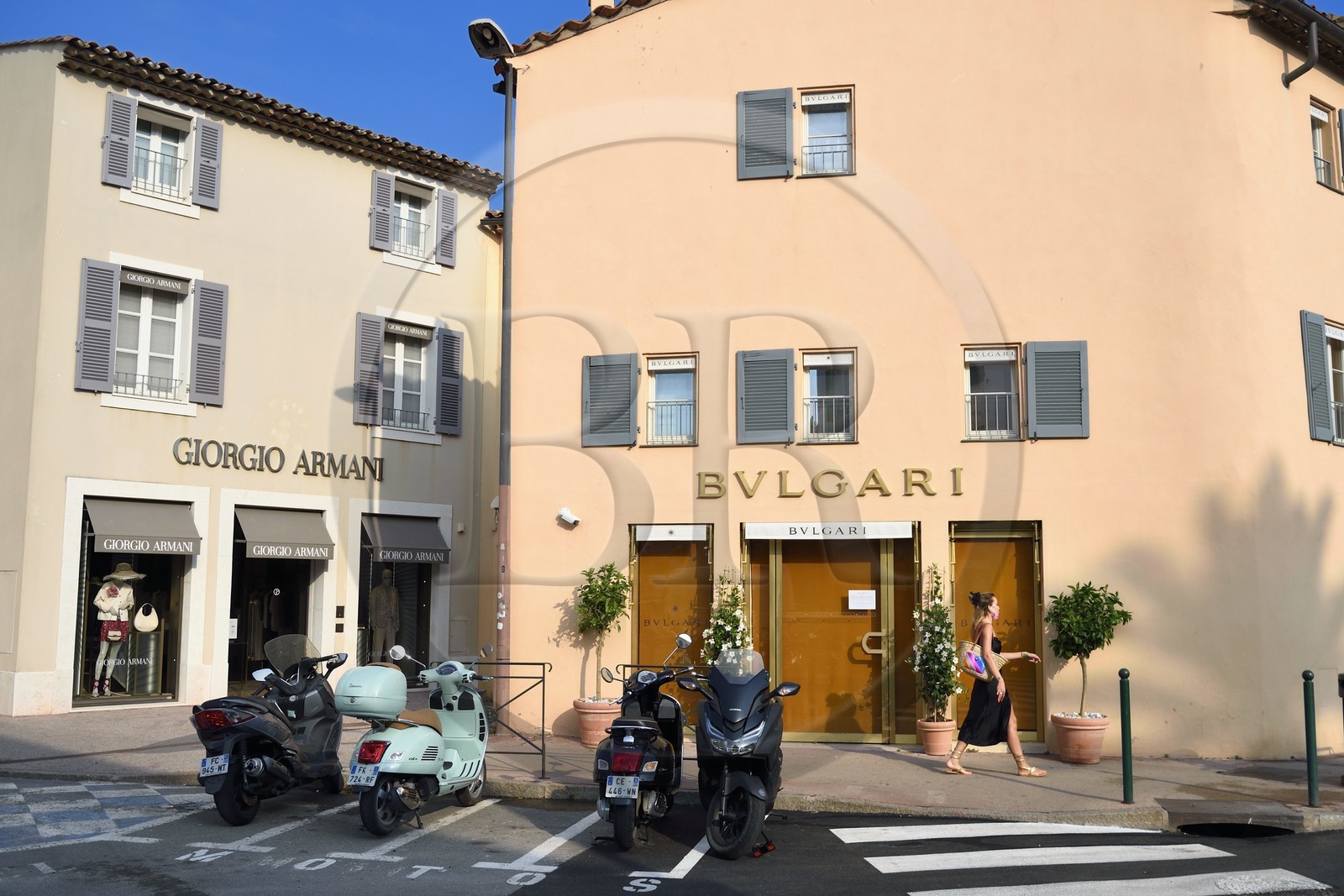 France, Var, Saint-Tropez, luxury boutiques Giorgio Armani and Bulgari