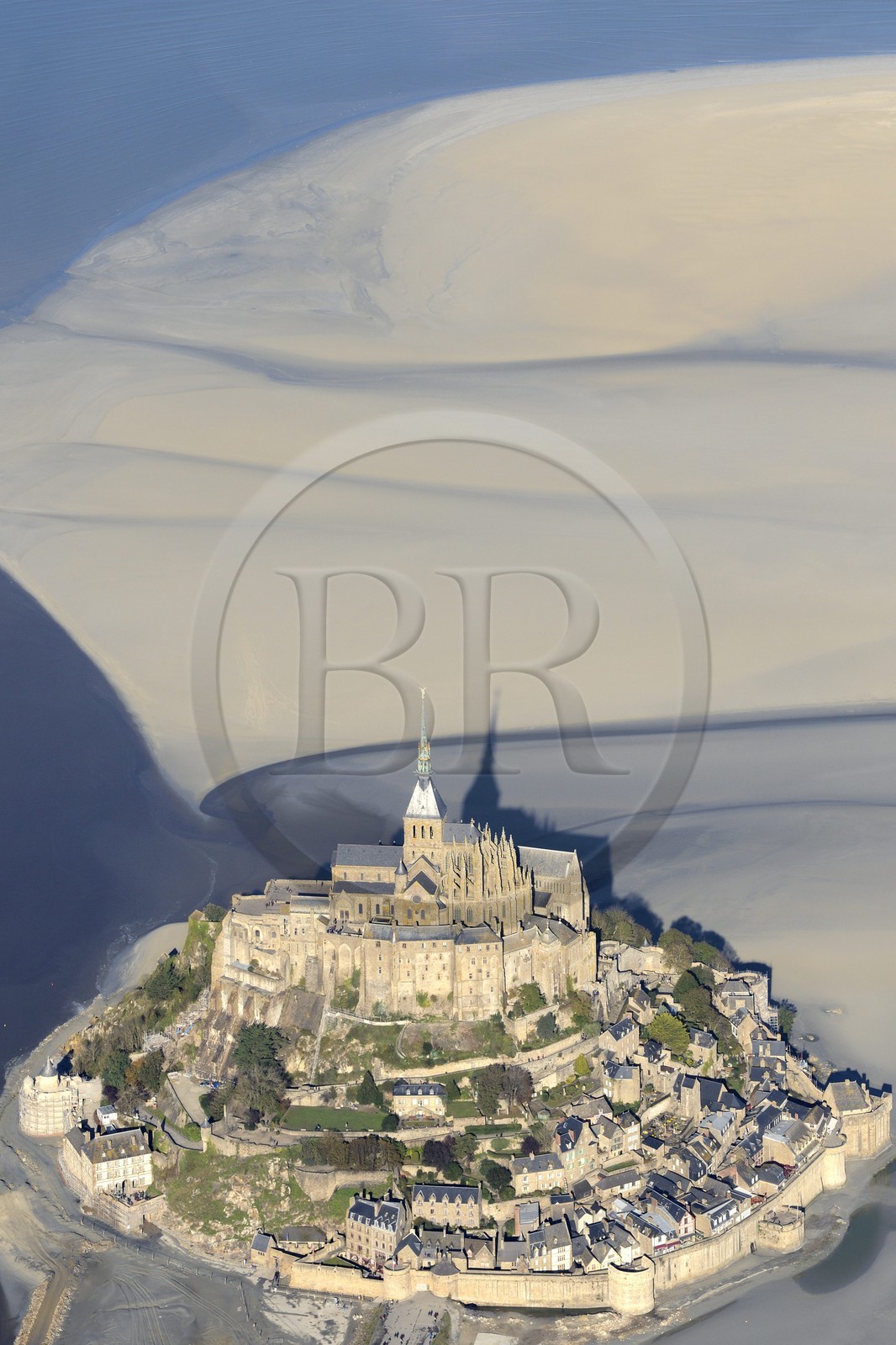 France, Manche, Bay of Mont Saint Michel, listed as World Heritage by UNESCO, Mont Saint Michel at low tide (aerial view)