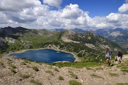 France, Alpes de Haute Provence, Uvernet Fours, Mercantour National Park, Ubaye valley, lake tour hiking trail of the Cayolle pass, Allos lake and the Verdon valley in the background