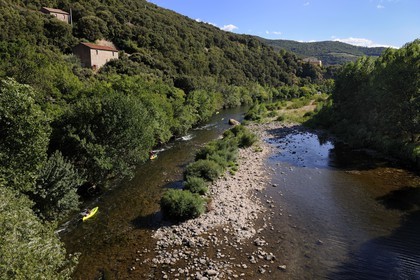 France, Herault, Orb river valley at Ceps, kayaking the river Orb