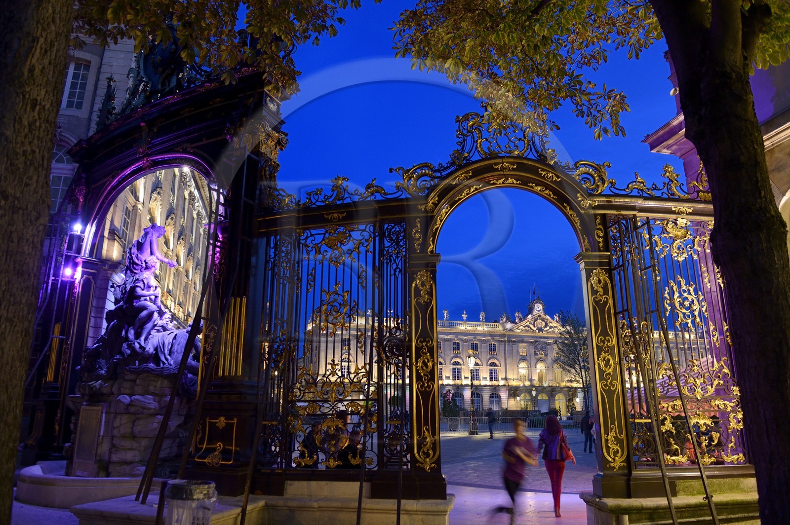 France, Meurthe-et-Moselle, Nancy, Place Stanislas (former Place Royale) built by Stanislas Leszczynski in the 18th century, listed as World Heritage by UNESCO, Amphitrite Fountain and golden gate by Jean Lamour