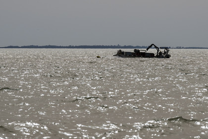 France, Charente Maritime, Oleron island, Dolus d’Oléron, flat-bottomed oyster boat in the Pertuis d'Antioche