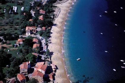 France, Corse du Sud, Ajaccio bay, boats anchored at the headland of Sette Nave (aerial view)