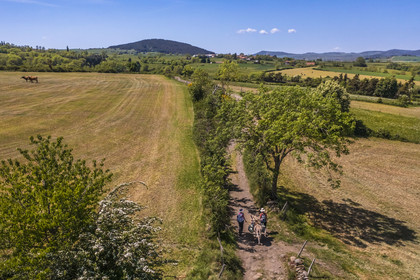 France, Haute-Loire (43), randonnée avec un âne sur le chemin de Stevenson (GR 70) entre Le Monastier-sur-Gazeille et Saint-Martin-de-Fugères (vue aérienne)