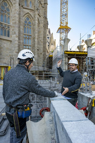 Spain, Catalonia, Barcelona, Eixample district, Sagrada Familia basilica by Catalan modernist architect Antoni Gaudi, listed as a UNESCO World Heritage Site, cloister construction site under the facade of the apse, Xisco Llabrès, the architect in charge of the construction site of the North facade and the cloister