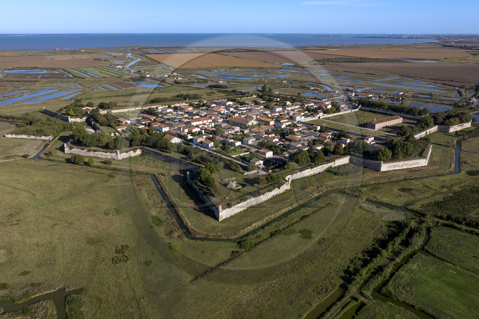 France, Charente Maritime, Saintonge, Marennes Hiers Brouage, Brouage citadel, labelled Les Plus Beaux Villages de France (The Most Beautiful Villages of France), the ramparts built from 1630 to 1640 form a square of 400m side and are defended by 7 bastions equipped with watchtowers (aerial view)