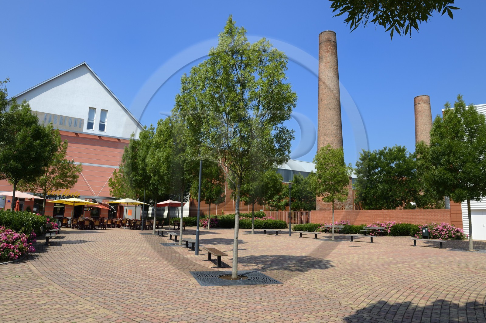 France, Haut Rhin, Mulhouse, the Fabrique and brick chimneys of former industrial buildings in the Mer Rouge (Red Sea) neighborhood