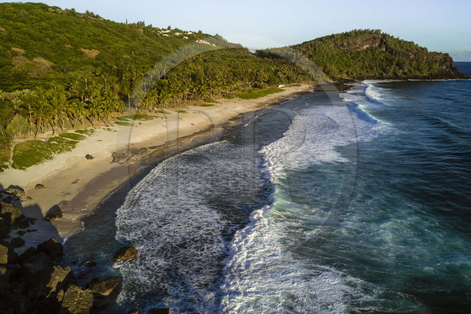 France, Ile de la Reunion, la côte à Petite-Ile et la plage de grand-Anse au pied de piton Grande-Anse (vue aérienne)