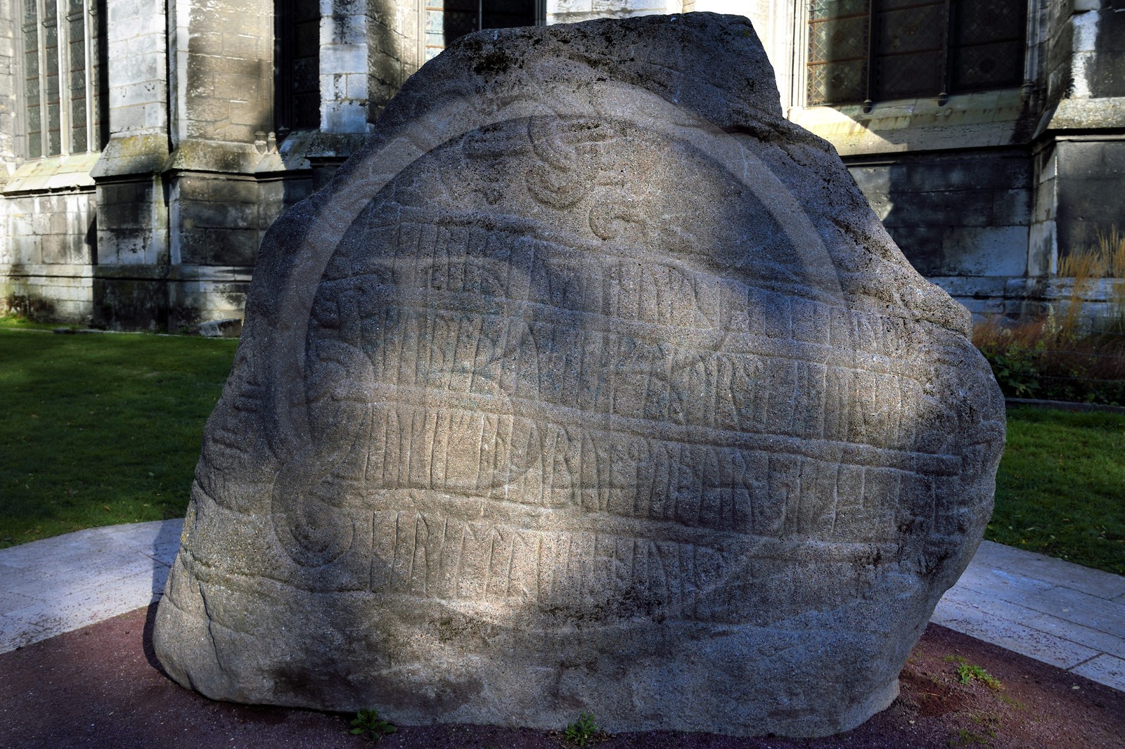 France, Seine Maritime, Rouen,  Church of Saint Ouen gardens, copy of the large Jelling stone donated by Denmark to the City on the occasion of the millennium of Normandy in 1911