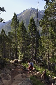 France, Hautes-Pyrénées (65), Saint-Lary-Soulan et Aragnouet, Réserve naturelle nationale du Néouvielle, randonnée des lacs du Neouvielle, randonneurs montant aux lacs des Laquettes