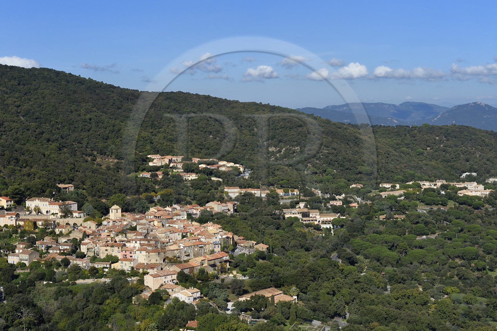 France, Var, Presqu'ile de Saint-Tropez, the hilltop village of Ramatuelle (aerial view)