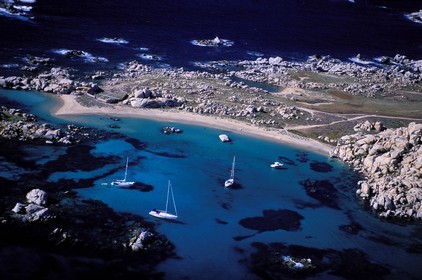 France, Corse du Sud, boats anchored in Lavezzi islands archipelago (aerial view)