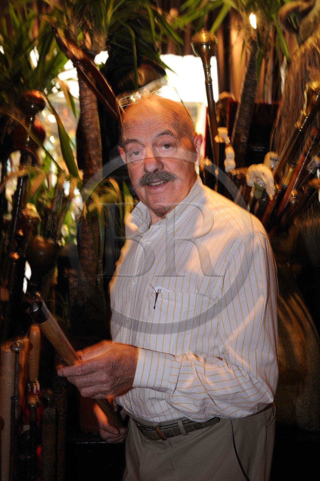 France, Paris (75), Passage Jouffroy, monsieur Segas dans son magasin M&G Segas de cannes anciennes de collection