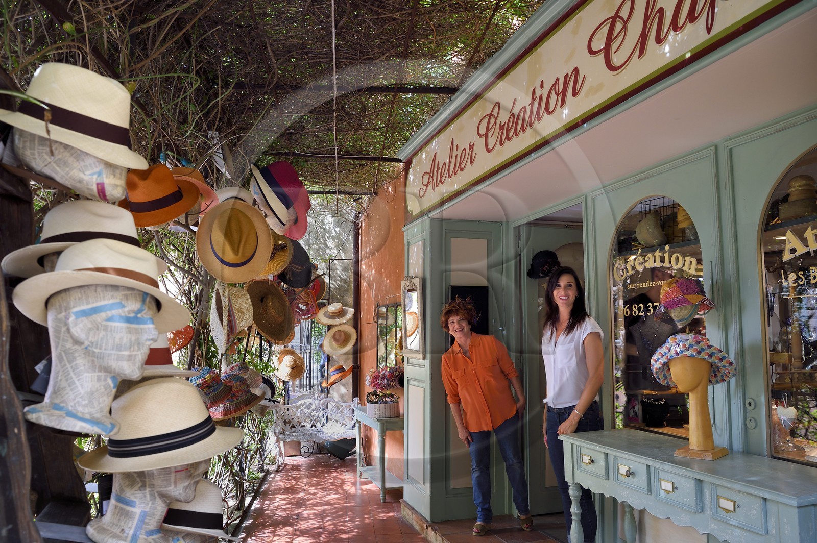 France, Var, Bormes les Mimosas, Nathalie Papet, creator of custom hats Les Bibis du Midi