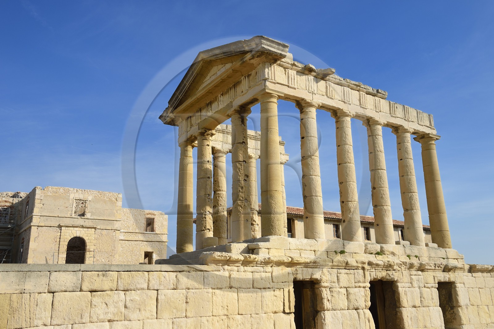 France, Bouches du Rhone, Marseille, Calanques National Park, archipelago of Frioul islands, Ratonneau island, the Caroline Hospital ruins and its church looking like of a Greek temple
