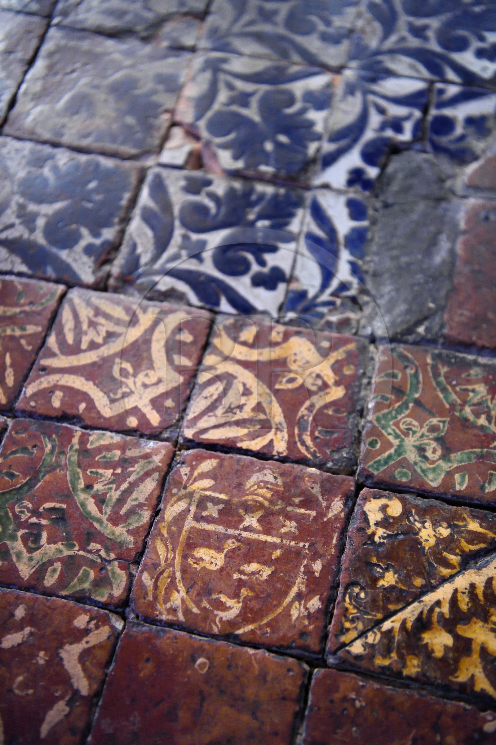 France, Calvados, Pays d'Auge, 15th and 16th century Saint Germain de Livet Castle labeled Museum of France, Louis XV salon, 16th century tiled floor