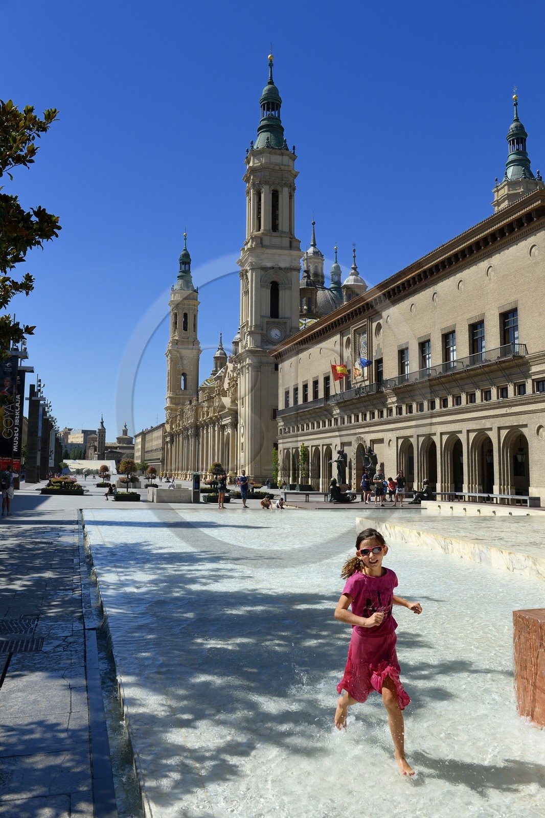 Espagne, Aragon, Saragosse, le bassin et fontaine de la Lonja et la Basilique del Pilar (Notre-Dame du Pilier) en arrière plan