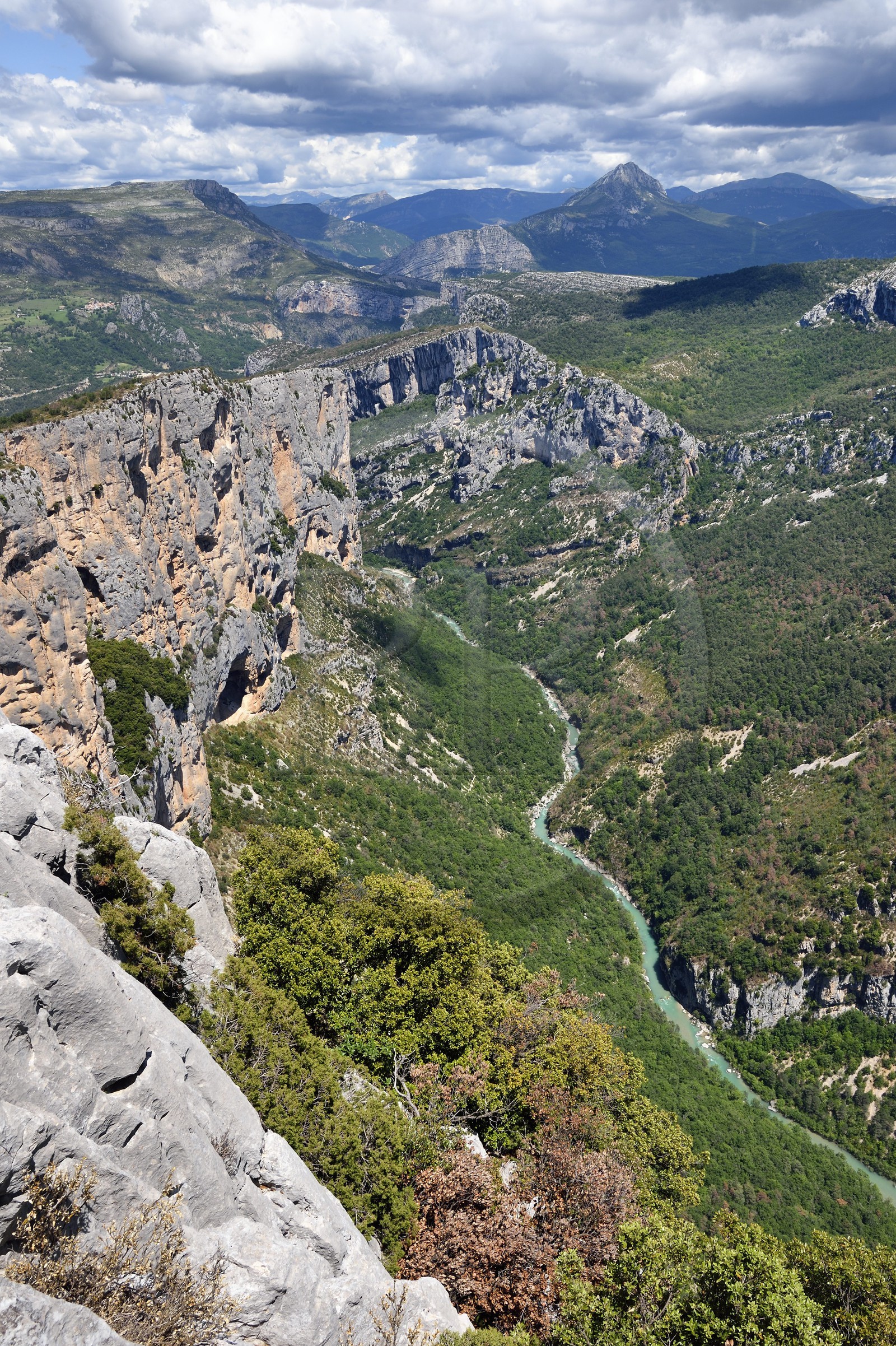France, Alpes de Haute Provence, Parc Naturel Régional du Verdon, Grand Canyon of Verdon river, La Palud Sur Verdon, point of view of the Dent d'Aire, the Escalès cliff on the left and the (pyramide looking mountain) Robion in the background