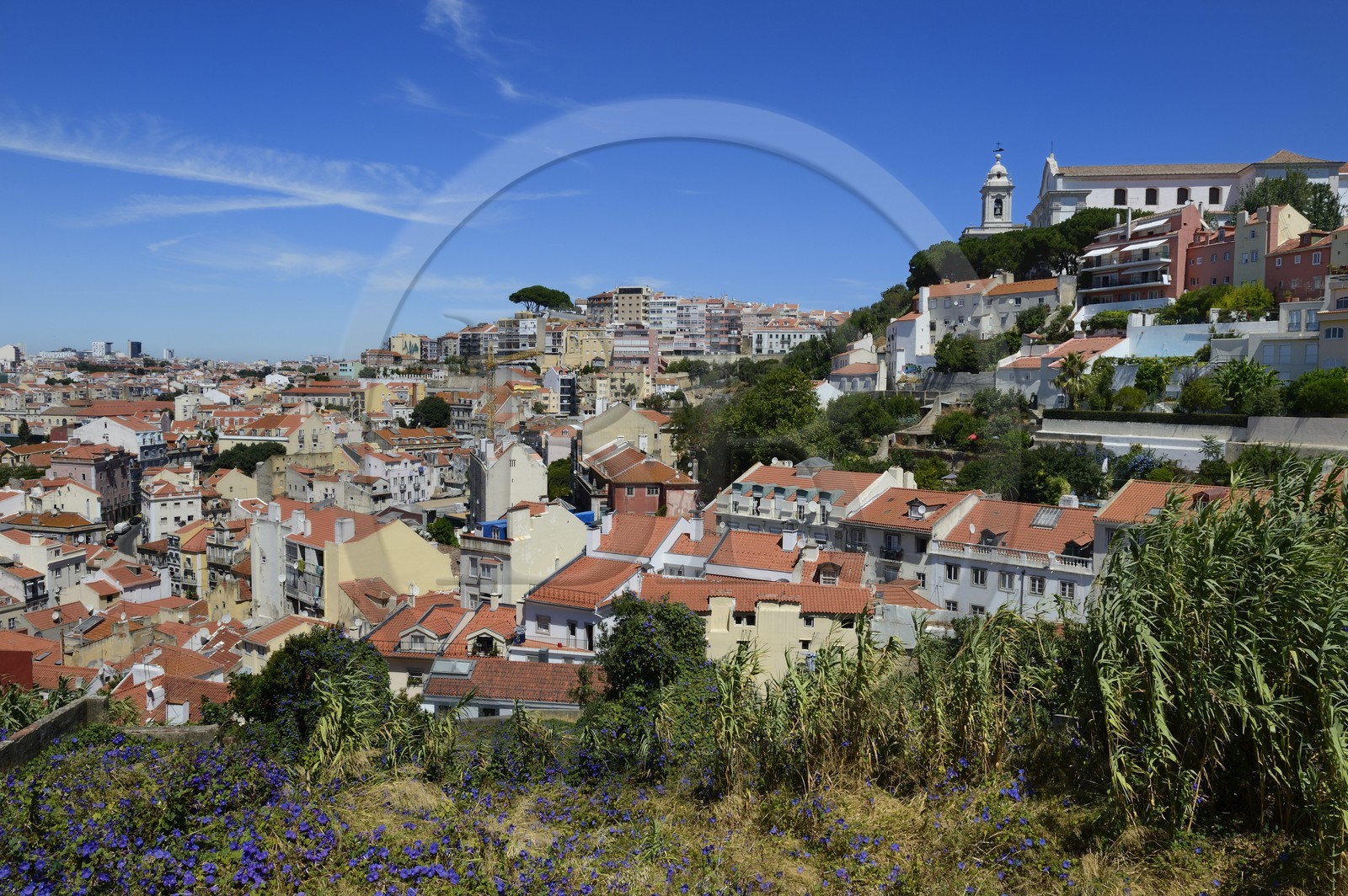 Portugal, Lisbon, Alfama district, panoramic view from the Castelo Sao Jorge (Castle of St. George), the Miradouro de Graca in the background right