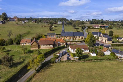 France, Orne, Pays d'Auge, village de Camembert, the Manor of Beaumoncel in the background on the left (aerial view)