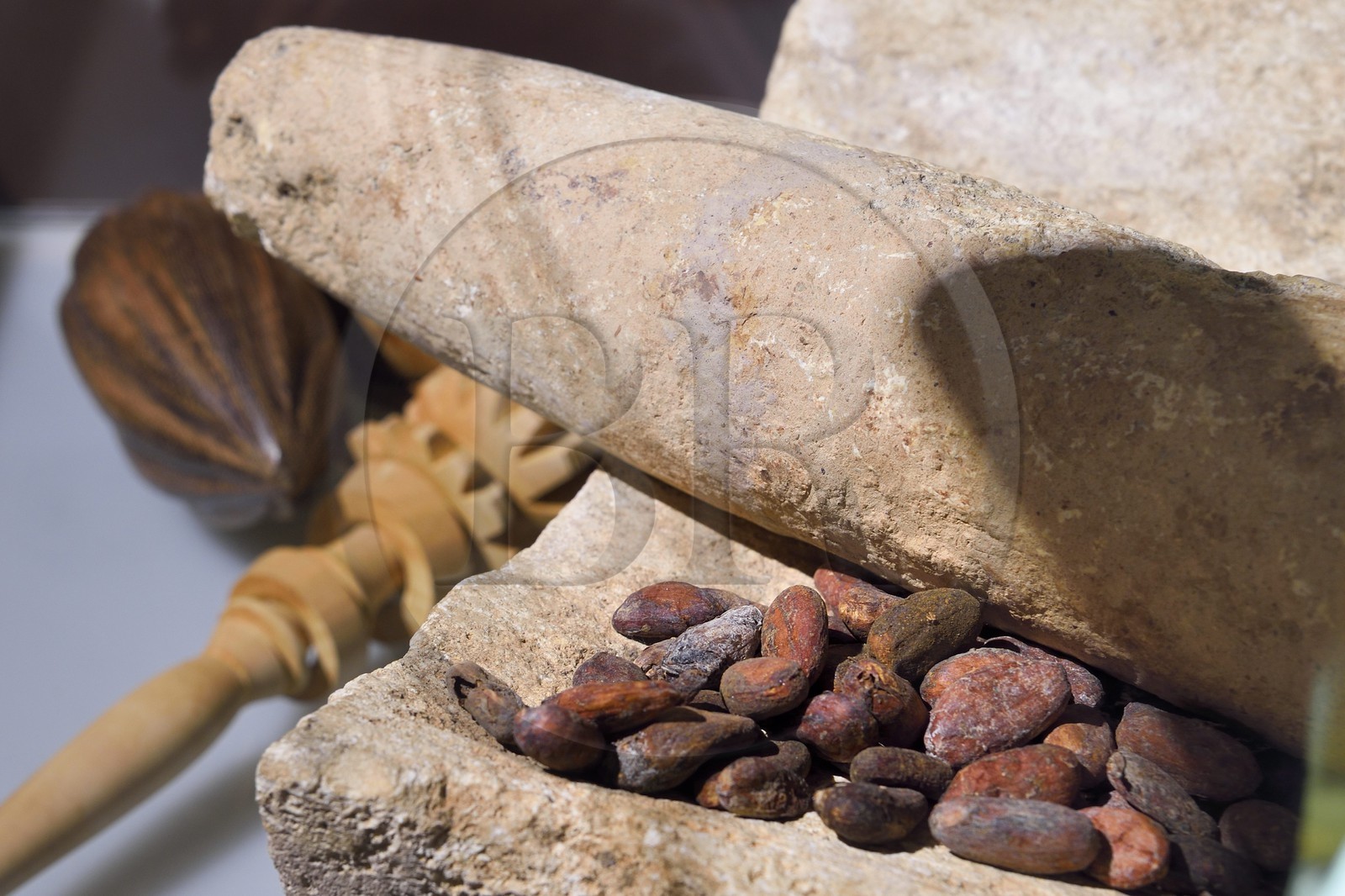 France, Pyrenees Atlantiques, Basque Country, Bayonne, a metate, a small mortar to pounded cocoa beans for making chocolate