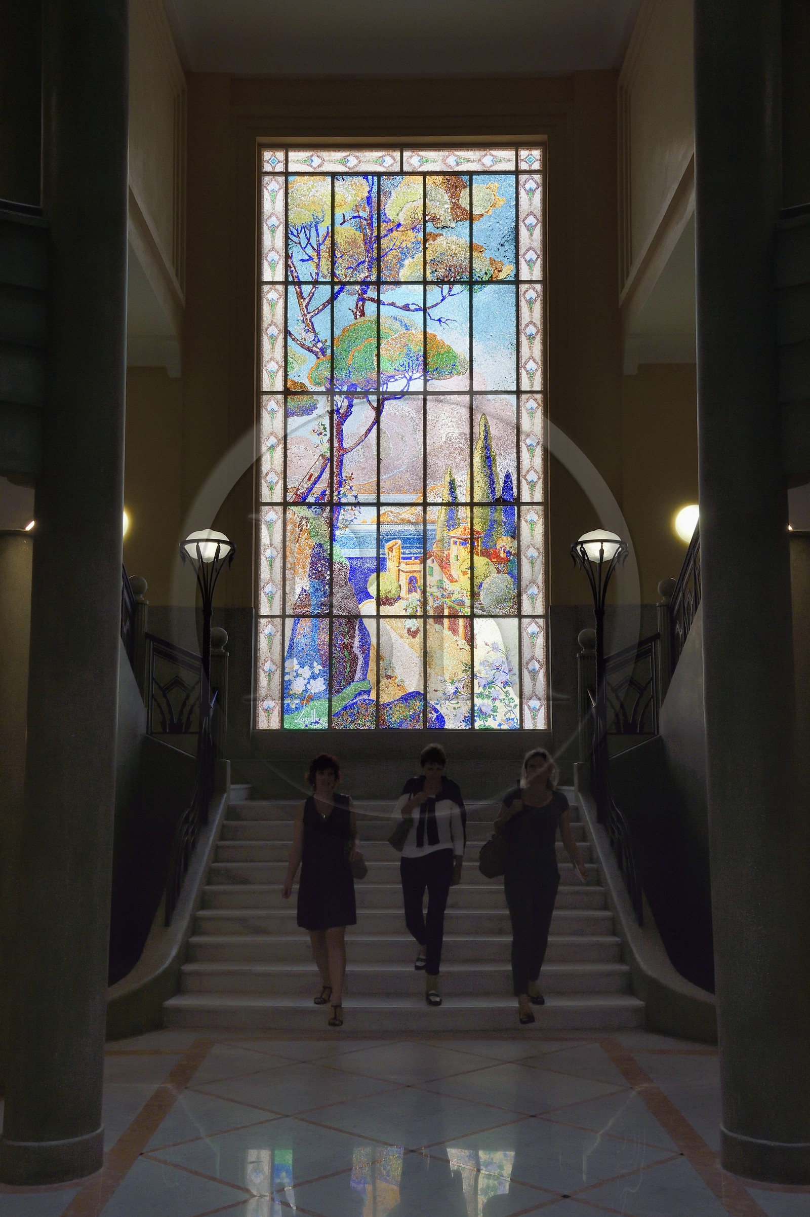 France, Alpes-Maritimes, Nice, Baumettes district, the Gloria Mansions Art deco building, the large lobby, stained glass designed by Lassalle, representing a pointillist landscape with up to 5000 glass mosaic pieces per square meter