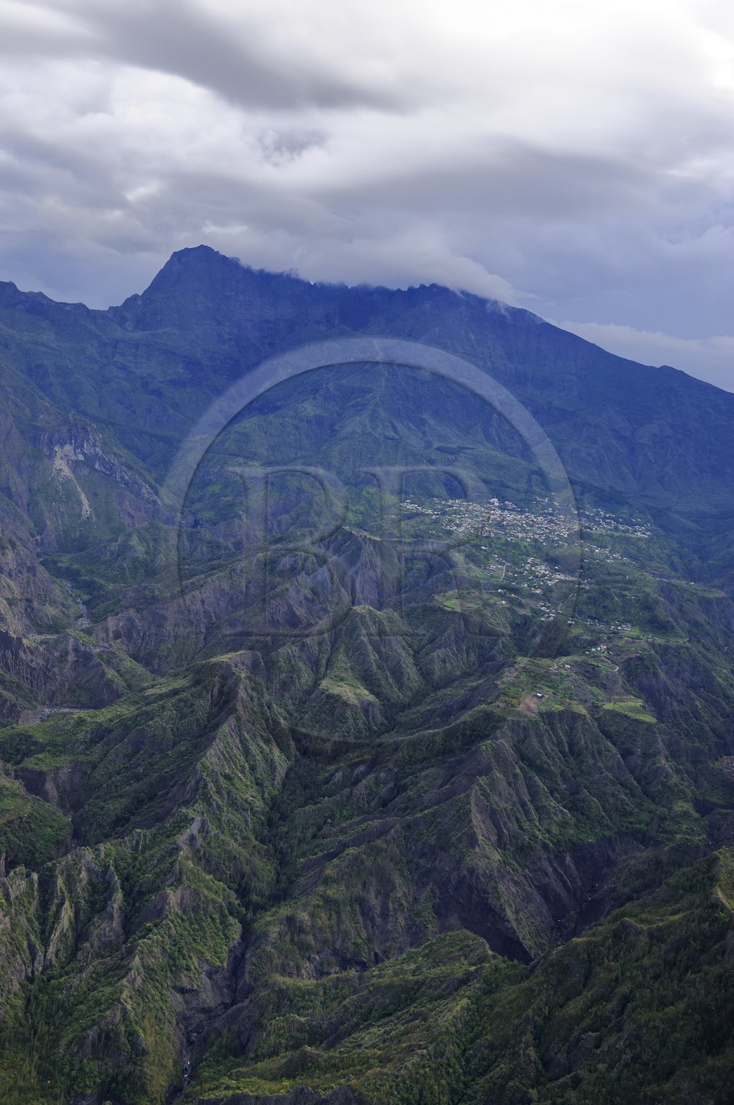 France, Reunion island (French overseas department), cirque of Cilaos and the Piton des Neiges (3070m) listed as World Heritage by UNESCO (aerial view)