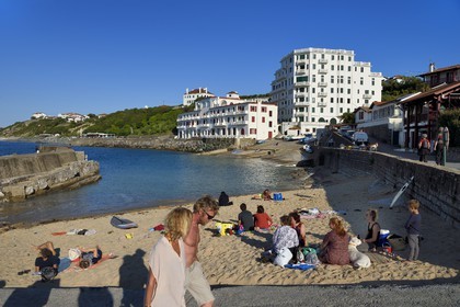 France, Pyrenees Atlantiques, Basque Country coast, Guethary, old whaling port overlooked by the former art deco Guétharia hotel built in the 1920s turned into a residence