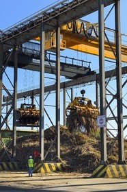 France, Reunion island (French overseas department), Saint-Pierre, Grands Bois, one of the 11 sugar cane reception and collection centers also called Balance, the tractors bring the cane from the fields in trailers, it is then weighed and loaded in large trucks called cachalots to be transported to the sugar factory Gol