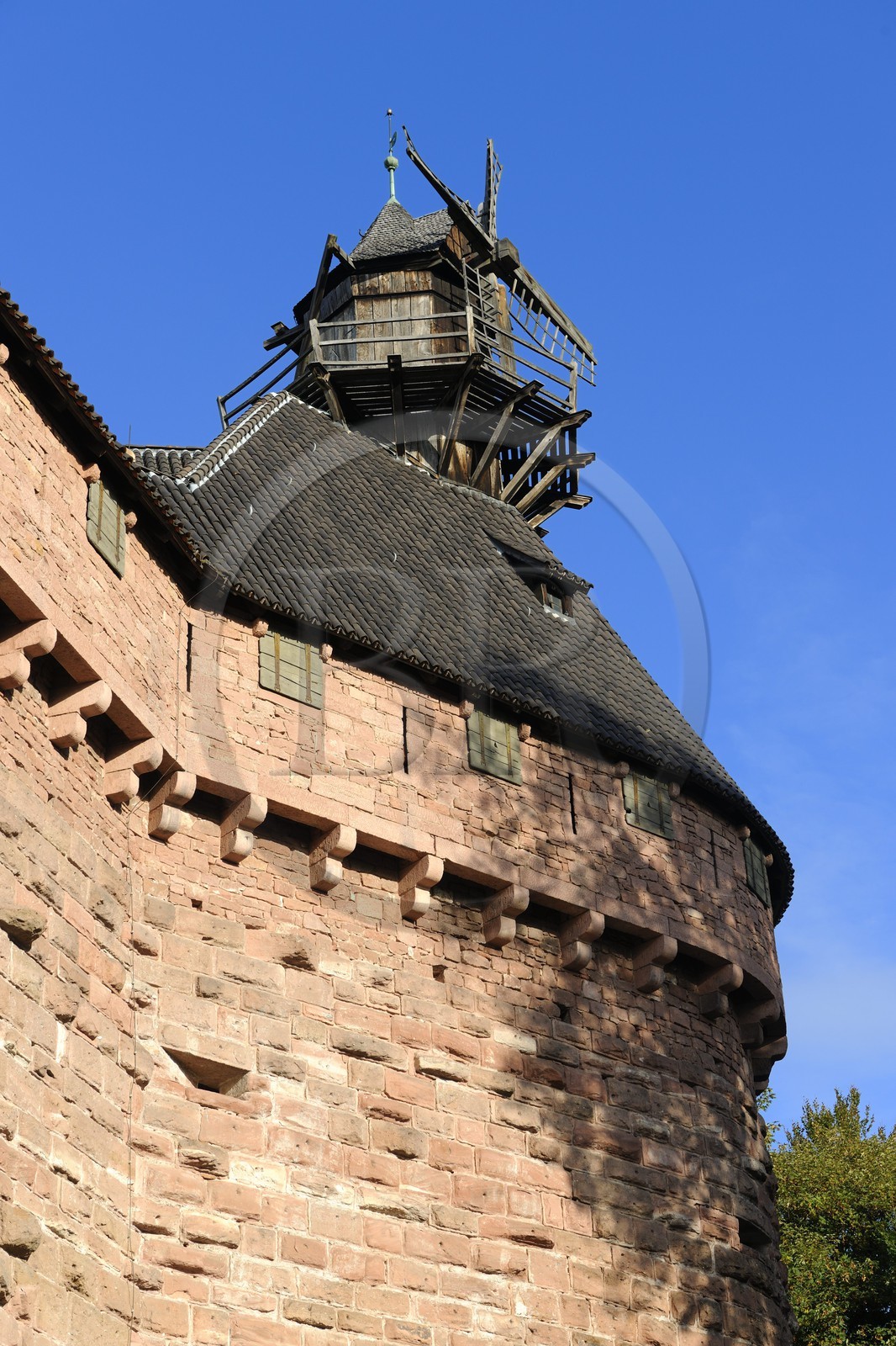 France, Bas Rhin, Orschwiller, Alsace Wine Road, Haut Koenigsbourg Castle, the windmill on a open tower