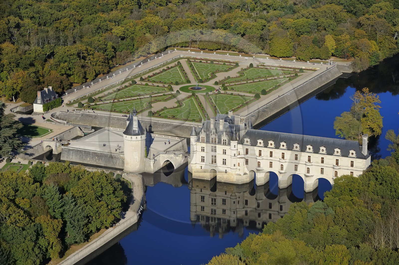 France, Indre et Loire, the Renaissance style Chateau de Chenonceau and its formal garden on Cher river banks (aerial view)