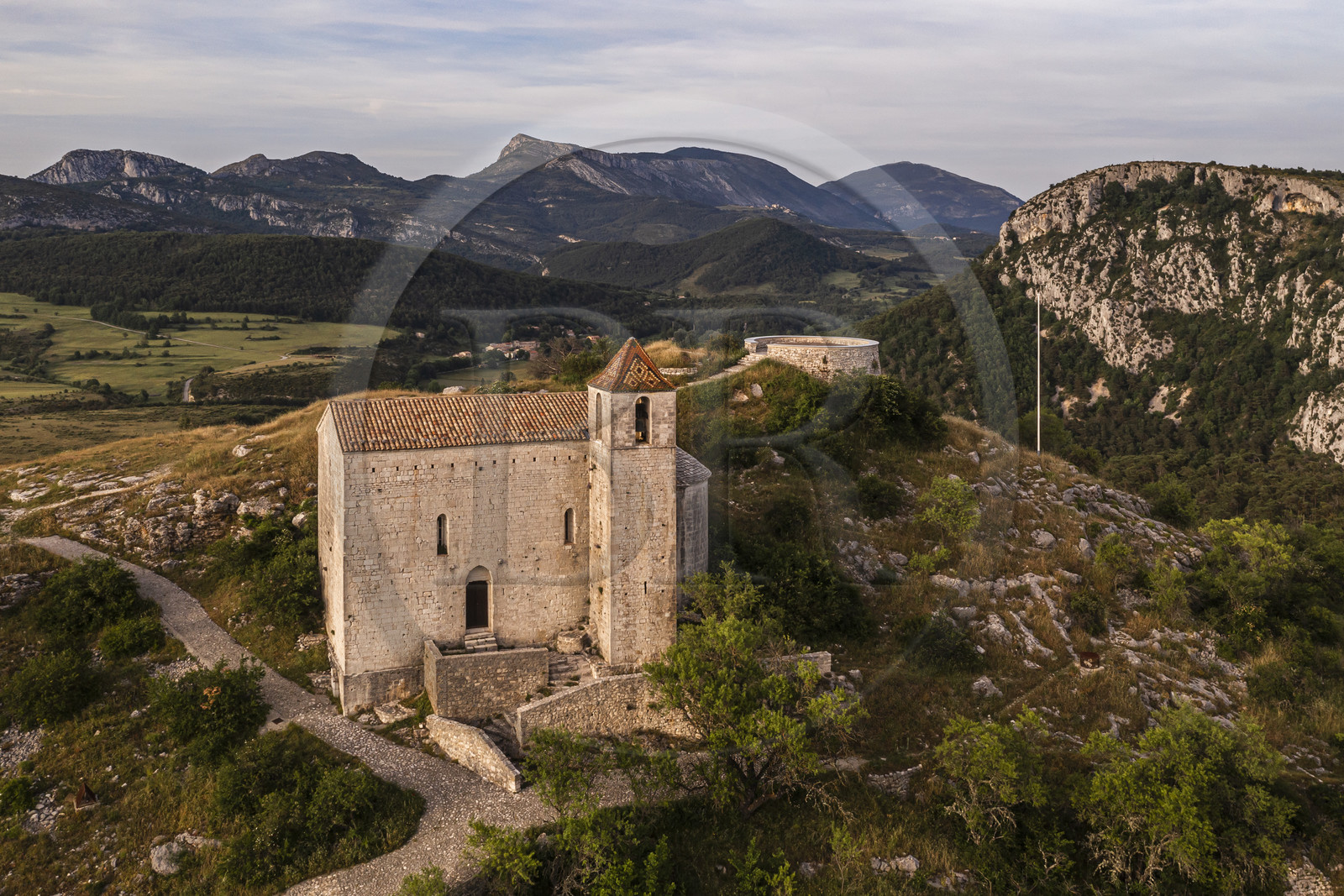 France, Var, Dracenie, Comps sur Artuby, St Andrew chapel (12th century) also called the Templar chapel, built in the 12th century by the Hospitallers of the Order of Saint John of Jerusalem (aerial view)