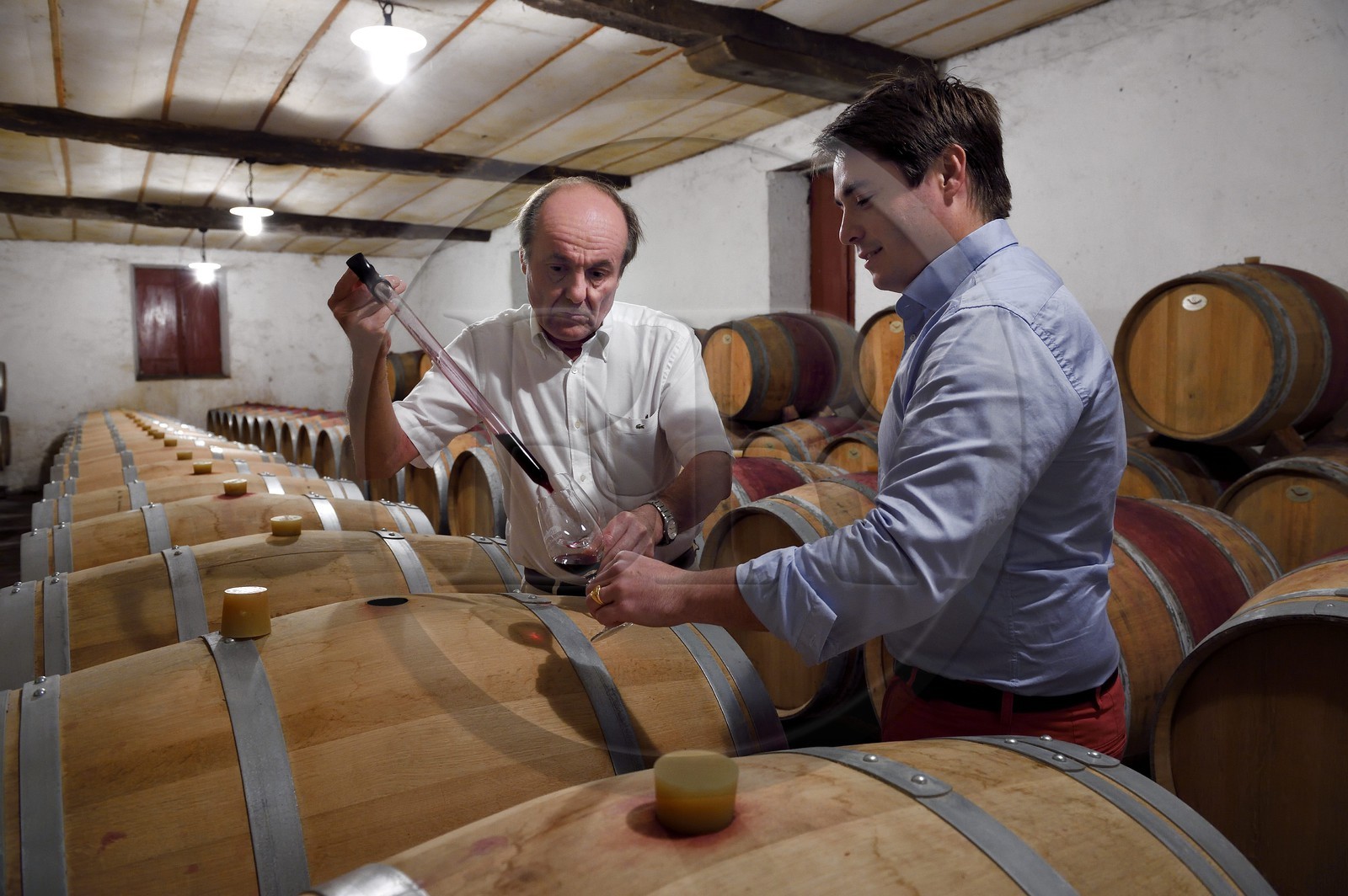 France, Dordogne, Creysse near Bergerac, Pecharmant vineyard, cellars of the chateau de Tiregand, Francois-Xavier de Saint-Exupéry owner and winemaker in the winery