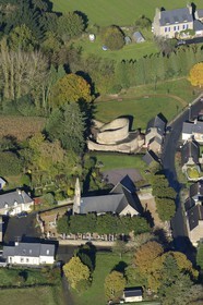 France, Cotes-d'Armor, former chapel of the eleventh century build by the Knights Templar on the model of the Holy Sepulchre of Jerusalem (aerial view)