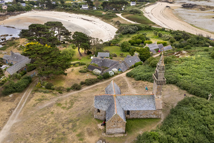 France, Finistère, Bay of Morlaix, Carantec, Ile Callot, Notre Dame de Callot chapel founded in the year 513 (aerial view)