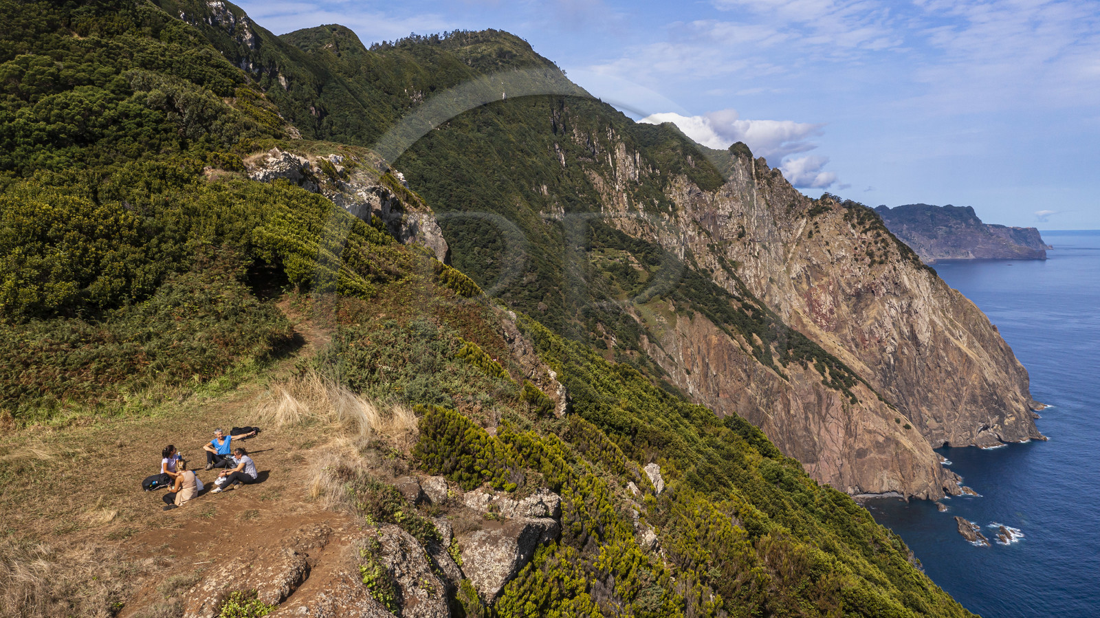 Portugal, Madeira Island, hike from Machico to Porto da Cruz by the Vereda do Larano, at the Boca do Risco pass (aerial view)