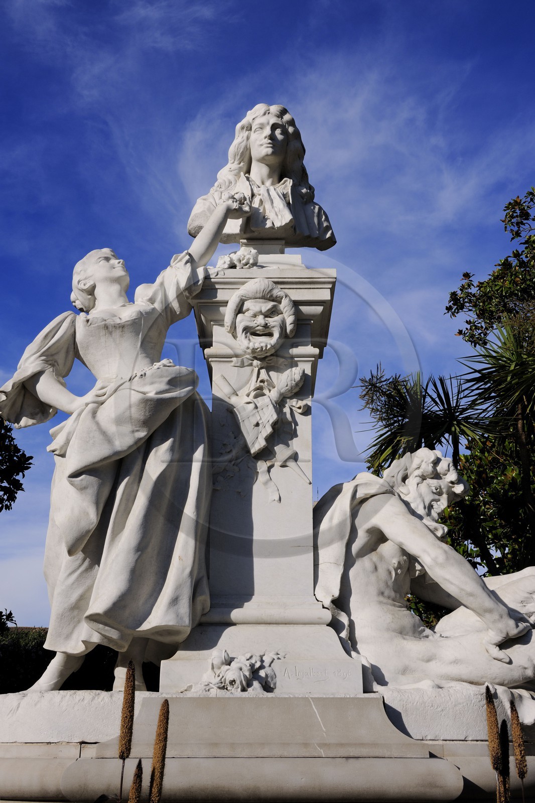 France, Herault, Pezenas, Monument Molière (1897), by Jean-Antoine Injalbert, the bust of Molière is surrounded by a maid representative of comedy and a satyr representing satire