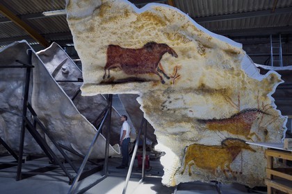 France, Dordogne, Montignac, the Atelier des Fac-Similés du Périgord (Perigord's Facsimile Workshop AFSP) specialised in mineral reproduction of prehistoric painted walls using “stone veil” patented technique and in charge of the Lascaux cave’s walls faithfull reconstitution, walls in reserve awaiting transfer and installation at the museum, compulsory mention Atelier des Fac-Similés du Perigord
