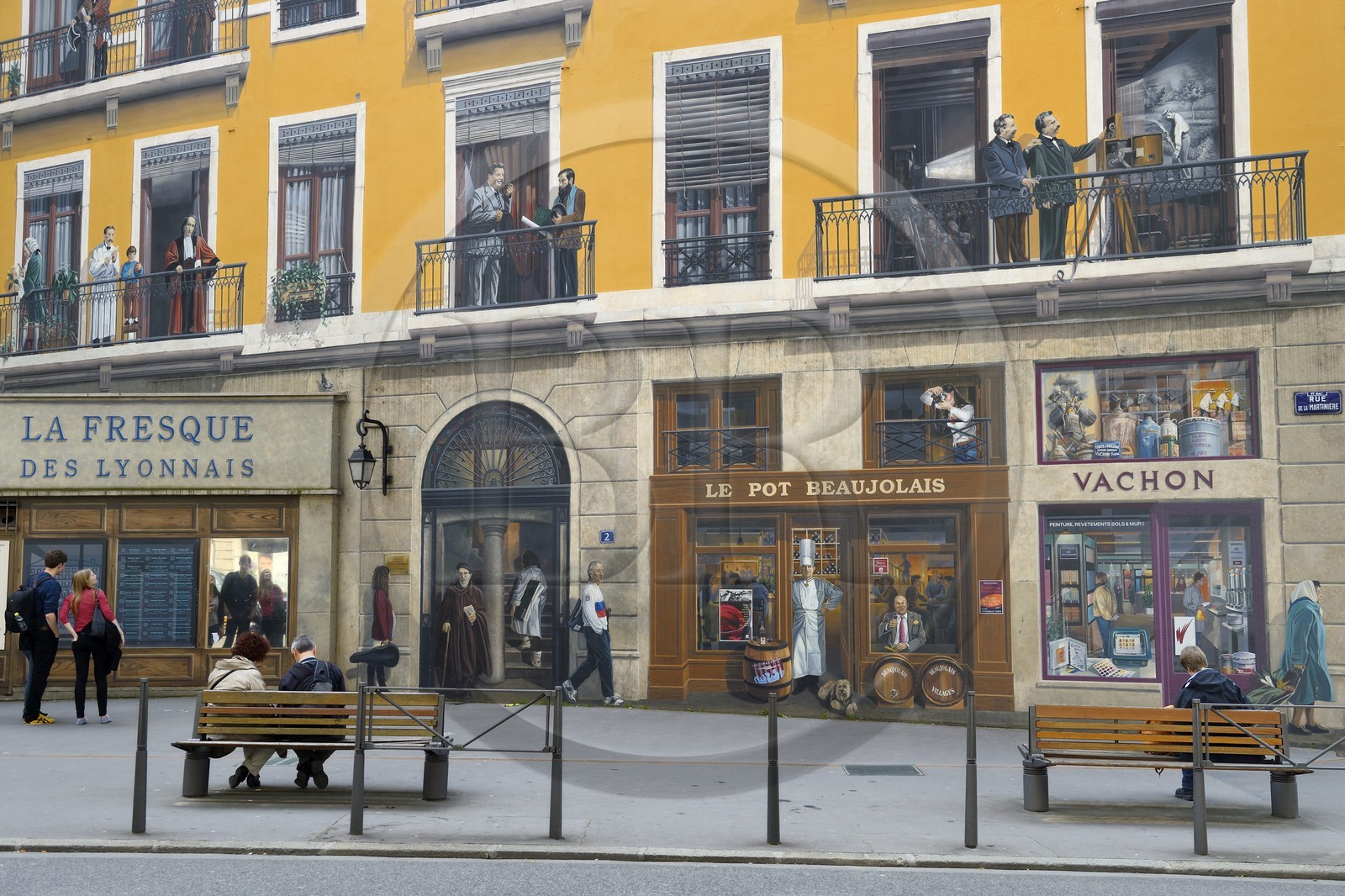 France, Rhone, Lyon, historic site listed as World Heritage by UNESCO, Rue de la Martiniere, fresco of the People of Lyon (La Fresque des Lyonnais) carried out by the City of Creation