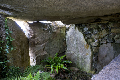 France, Finistère, Morlaix bay, Kernehelen peninsula, 6000 years old Cairn of Barnenez, dolmen with corridor, room B