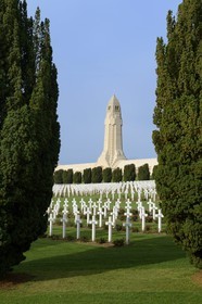 France, Meuse, Douaumont, battle of Verdun, ossuary of Douaumont, soldiers graves aligned in front of the national necropolis