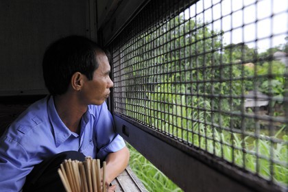 Vietnam, train de jour de Lao Cai à Hanoï, classe assis dur non climatisé, les grillages sont là pour protéger les passagers des éventuels lancer de pierres par des enfants