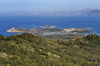 France, Var, Six Fours les Plages, hike in the Cap Sicie massif towards Notre-Dame du Mai chapel, Ile des Embiez and the Grand Rouveau lighthouse in the background